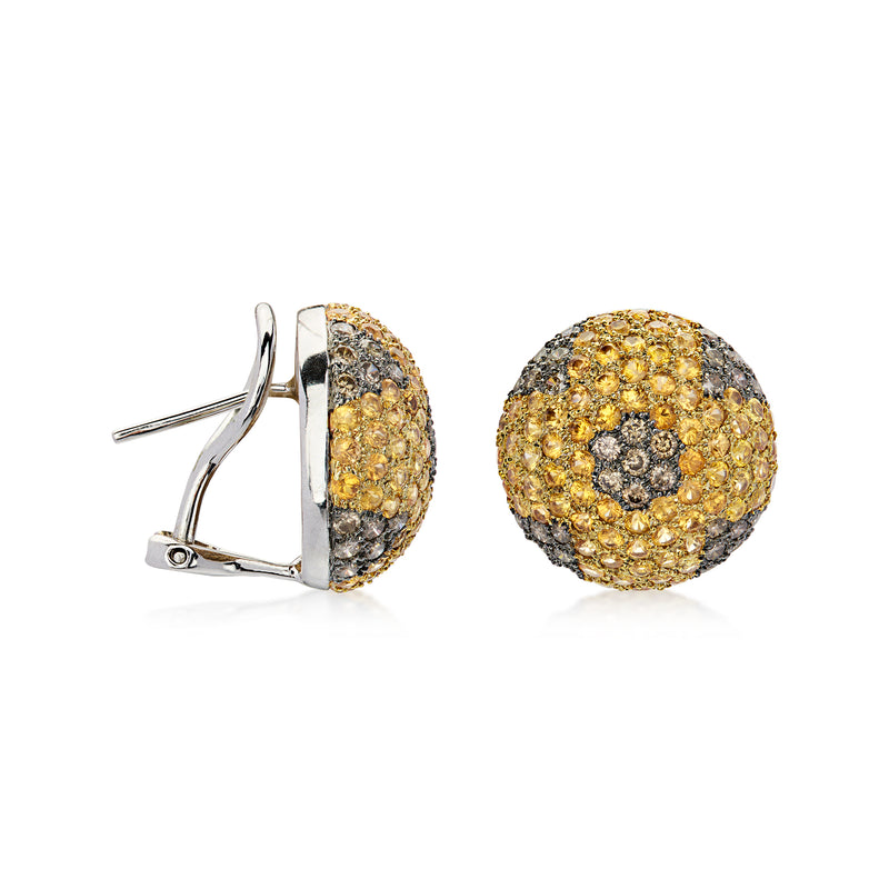 C. 1990 Vintage 6.20 ct. t.w. Yellow Sapphire and 1.55 ct. t.w. Brown Diamond Domed Earrings in 18kt White Gold