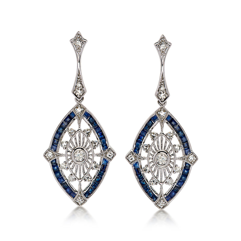 C. 2000 Vintage .97 ct. t.w. Sapphire and .41 ct. t.w. Diamond Openwork Drop Earrings in 14kt White Gold