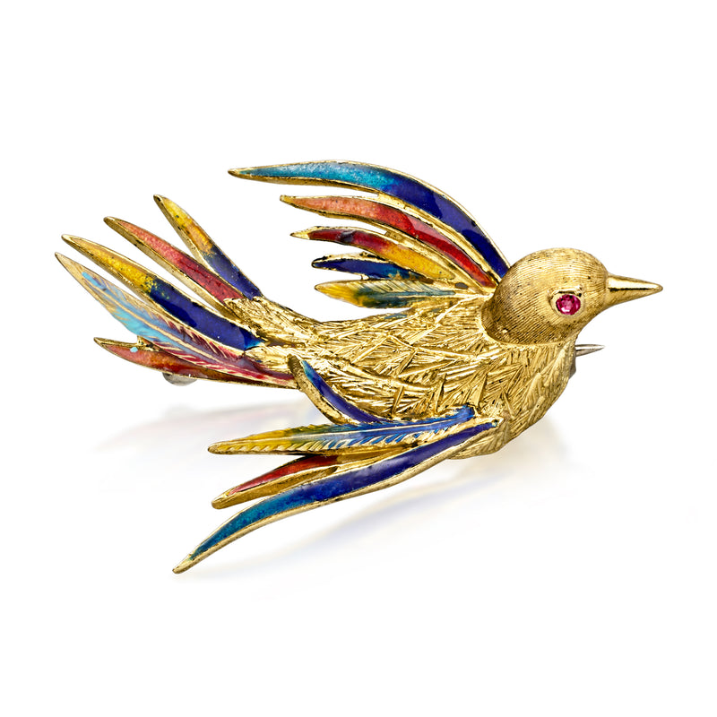 C. 1970 Vintage Multicolored Enamel Bird Pin in 18kt Yellow Gold