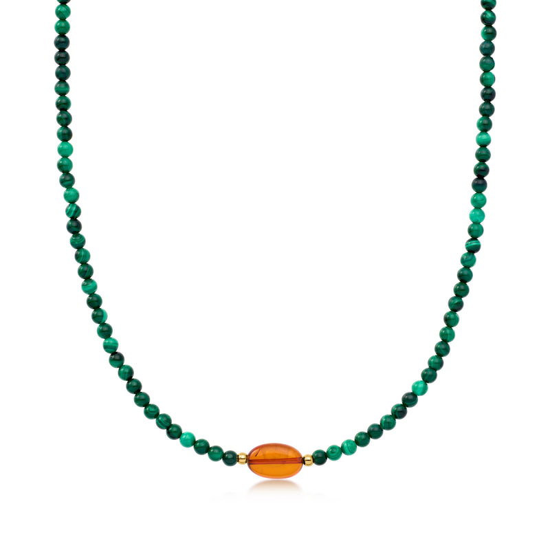 Amber and Malachite Bead Necklace with 18kt Gold Over Sterling