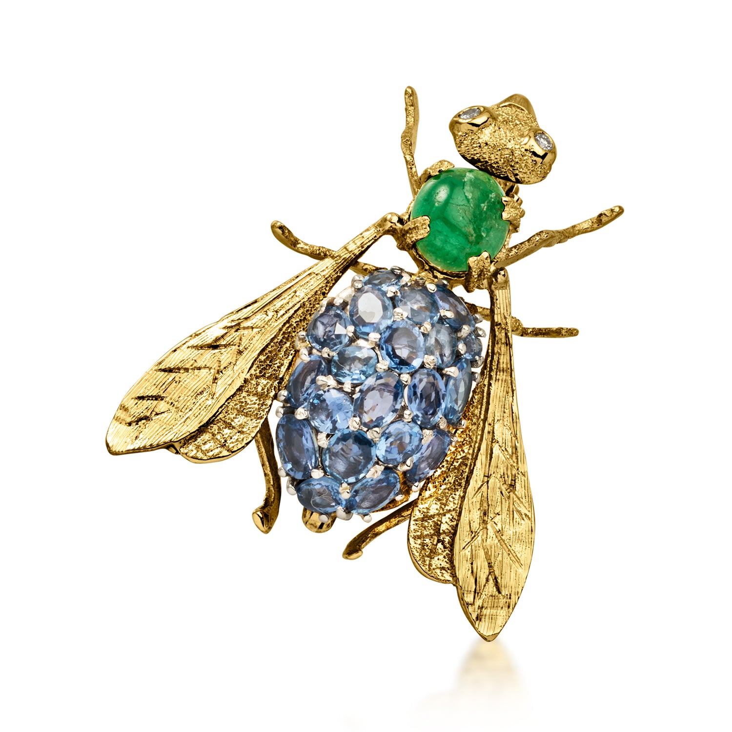 C. 1980 Vintage 1.00 Carat Emerald and 3.30 ct. t.w. Sapphire Insect Pin with Diamonds in 18kt Yellow Gold