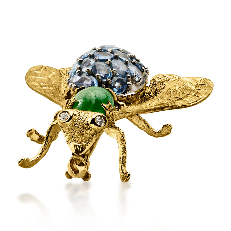 C. 1980 Vintage 1.00 Carat Emerald and 3.30 ct. t.w. Sapphire Insect Pin with Diamonds in 18kt Yellow Gold