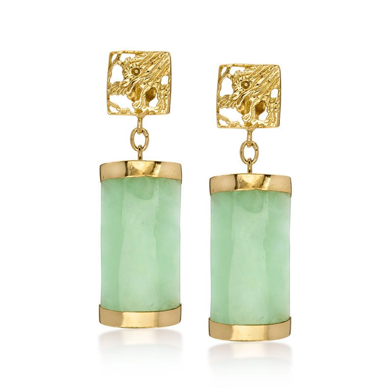 C. 2000 Vintage Jade Dragon Drop Earrings in 14kt Yellow Gold