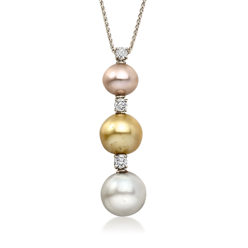 C. 1990 Vintage 10-12.5mm Multicolored Cultured Pearl and .45 ct. t.w. Diamond Drop Necklace in 18kt White Gold. 16.5"