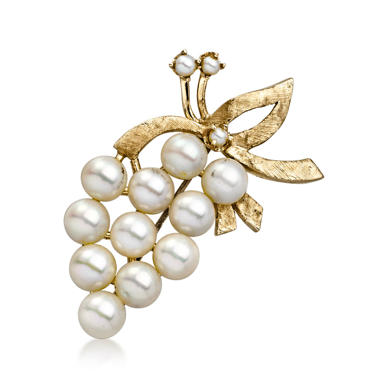 Gold grapes pin with white cultured pearls and leaf accents, 14kt yellow gold setting
