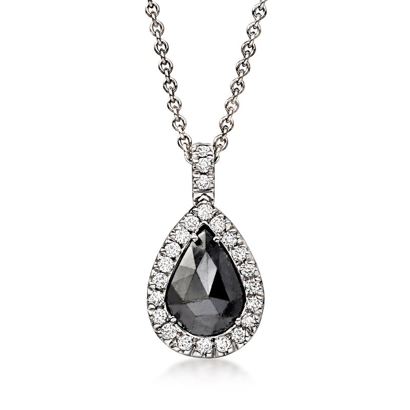 C. 2000 Vintage 2.24 Carat Pear-Shaped Black Diamond Pendant Necklace with .30 ct. t.w. White Diamonds in 18kt White Gold. 15.5"