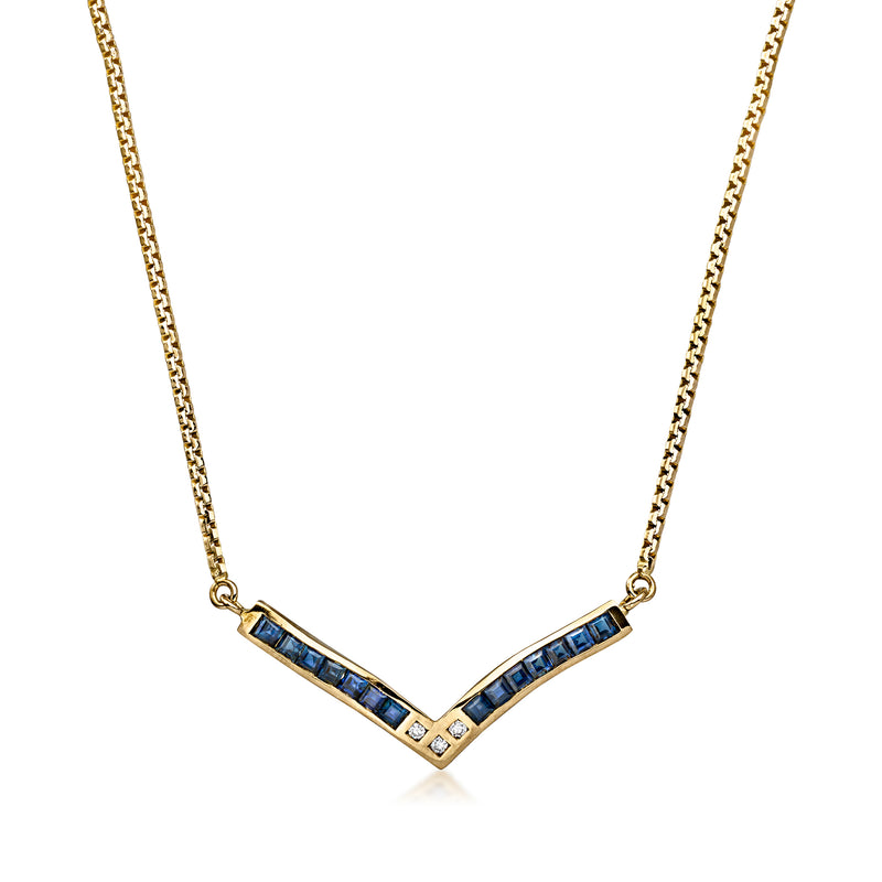 Yellow gold V-shaped sapphire and diamond necklace with blue channel-set stones