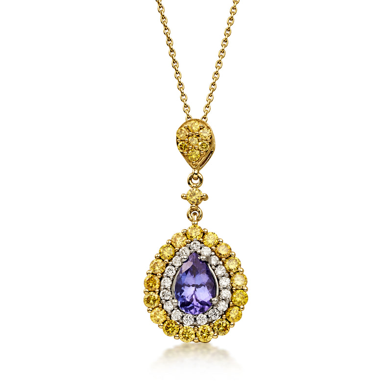 C. 1990 Vintage 1.00 Carat Tanzanite Pendant Necklace with 1.25 ct. t.w. Yellow and White Diamonds in 14kt Yellow Gold. 16"