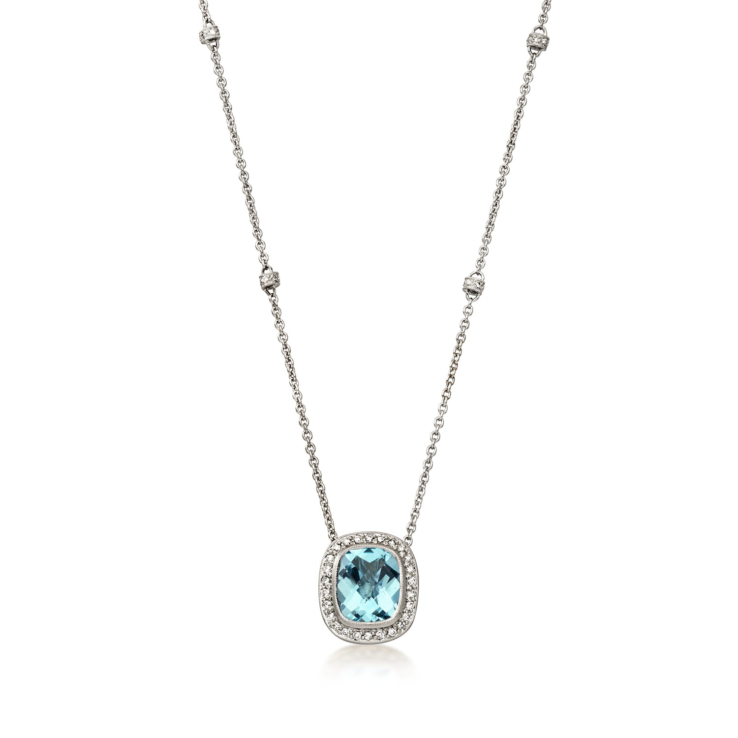 C. 1990 Vintage 6.50 Carat Sky Blue Topaz and .60 ct. t.w. Diamond Station Necklace in 14kt White Gold