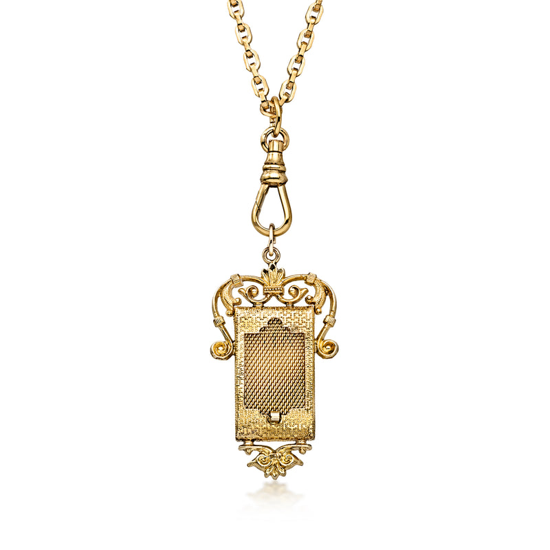 Gold-filled vintage locket necklace with ornate filigree rectangular frame and chain