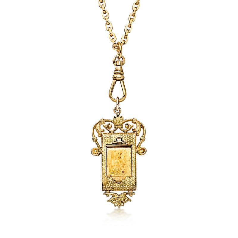Gold-filled vintage locket necklace with textured rectangular locket and decorative bail