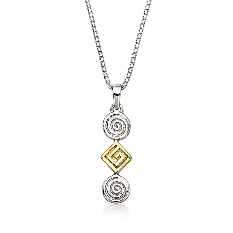 Sterling silver swirl trio pendant with yellow gold square accents, on chain
