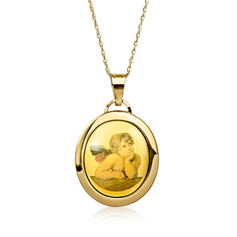 14kt yellow gold oval pendant necklace with angel scene, fine chain