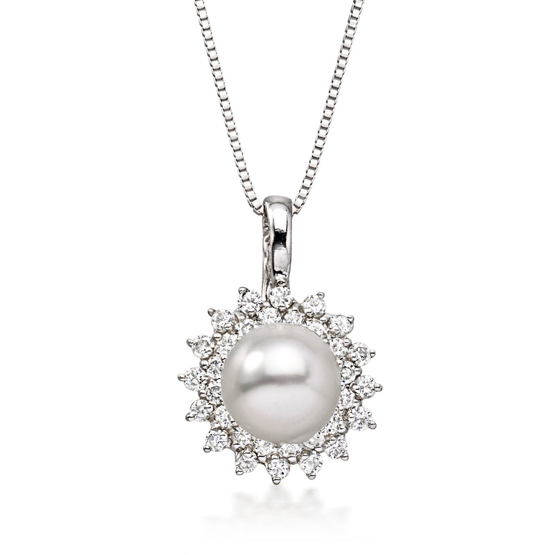 Cultured pearl pendant necklace in white gold with diamond halo and chain