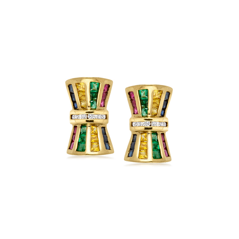 C. 1980 Vintage 4.10 ct. t.w. Multi-Gemstone and .30 ct. t.w. Diamond Double Fan Earrings in 14kt Yellow Gold