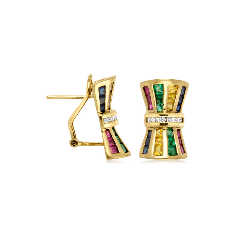 C. 1980 Vintage 4.10 ct. t.w. Multi-Gemstone and .30 ct. t.w. Diamond Double Fan Earrings in 14kt Yellow Gold