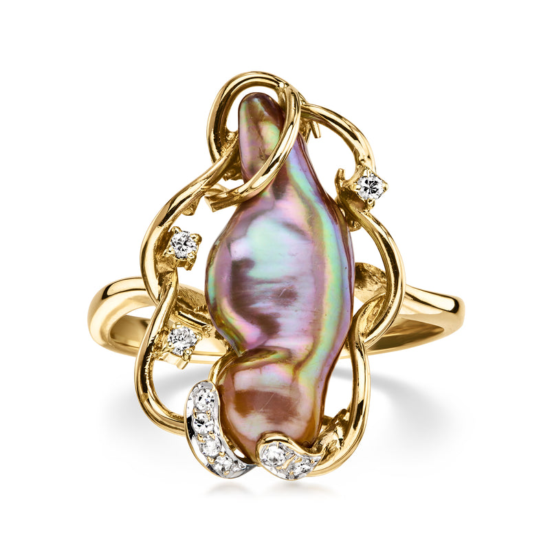 14kt yellow gold vintage cultured pearl ring with iridescent oval pearl and diamond accents