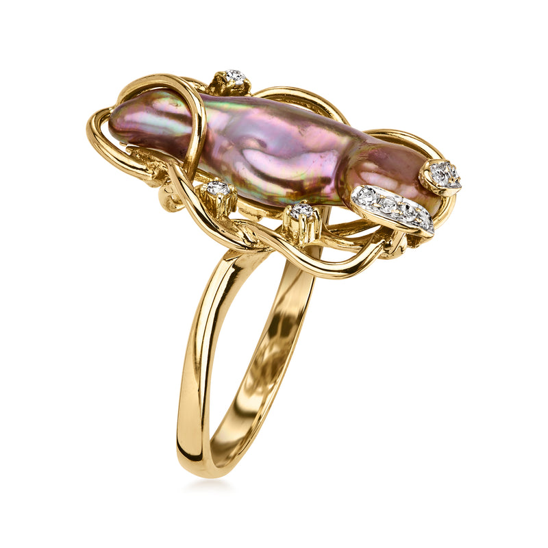 14kt yellow gold ring with iridescent cultured pearl and small round diamonds, side view