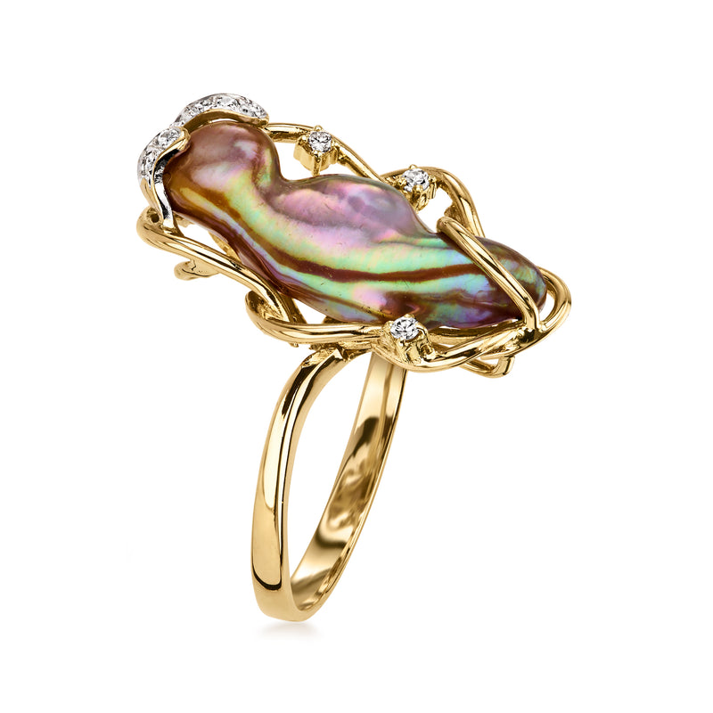 14kt yellow gold cultured pearl ring with iridescent oval pearl and diamond halo details