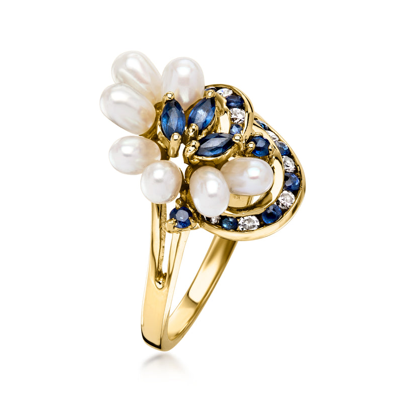 C. 1980 Vintage Cultured Pearl, .37 ct. t.w. Sapphire and .14 ct. t.w. Diamond Ring in 18kt Yellow Gold. Size 6.75