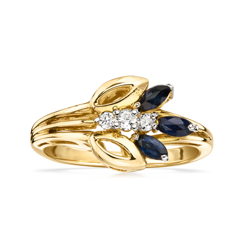 14kt yellow gold vintage ring with dark blue sapphires and diamond cluster
