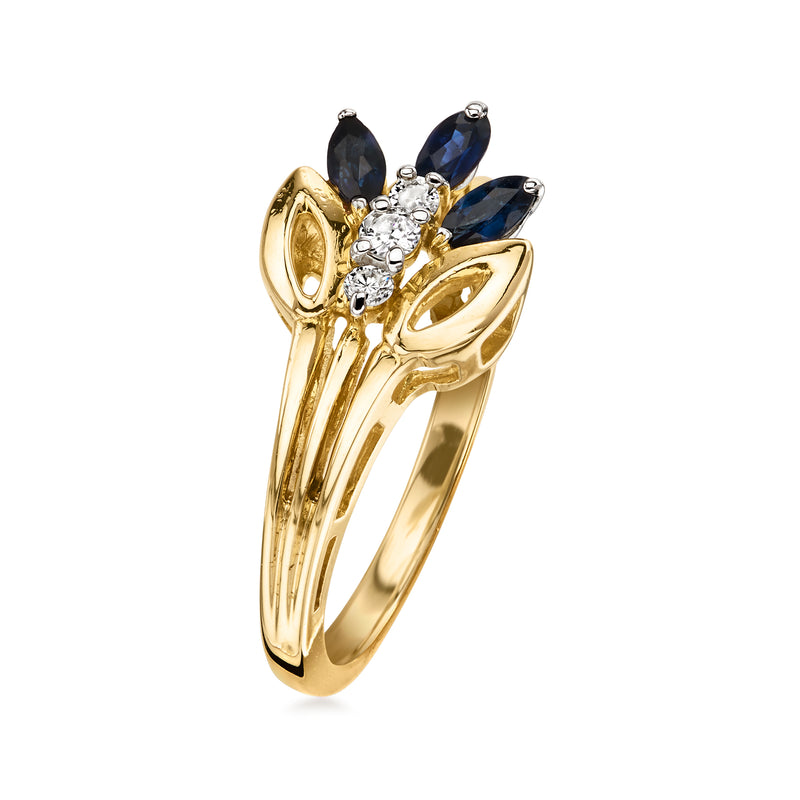 14kt yellow gold ring with three dark blue sapphires and small diamond accents