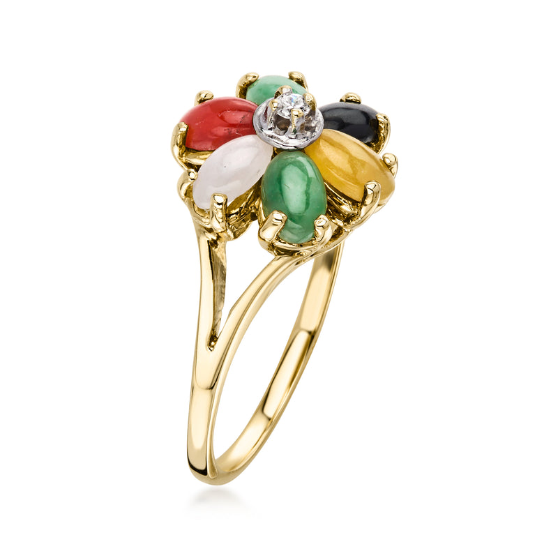 C. 1980 Vintage Multicolored Jade Flower Ring with Single Diamond in 14kt Yellow Gold. Size 5.5