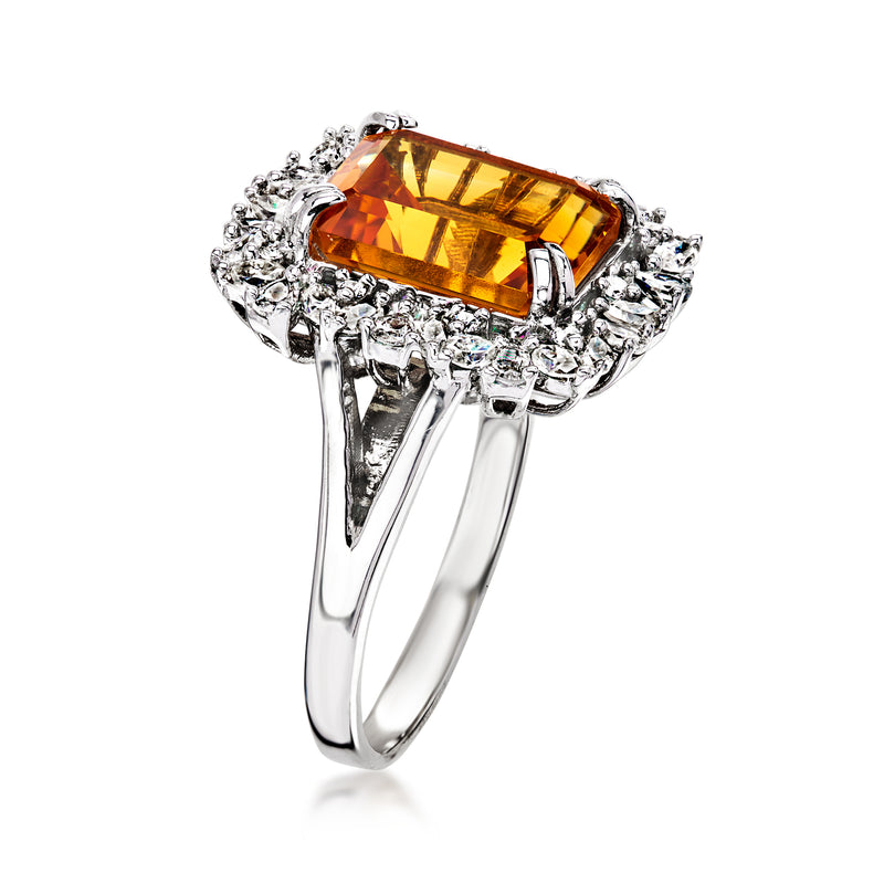C. 2000 Vintage 4.50 Carat Citrine Ring with .85 ct. t.w. Diamonds in 14kt White Gold. Size 7