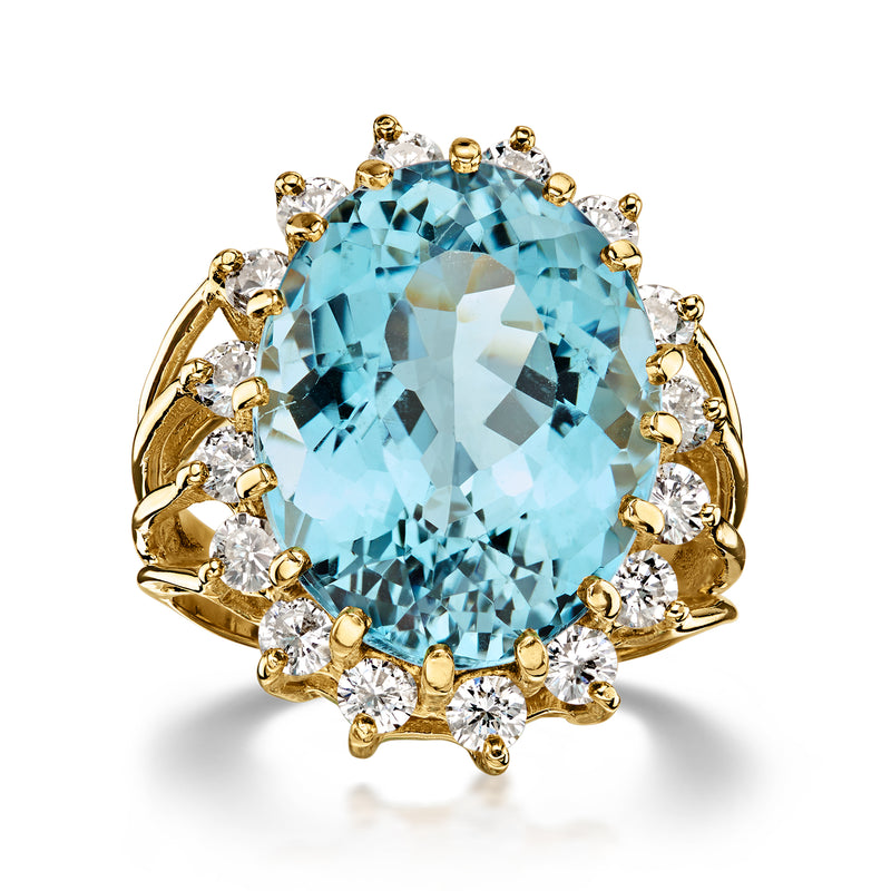 C. 1980 Vintage 19.00 Carat Sky Blue Topaz Ring with 1.50 ct. t.w. Diamonds in 14kt Yellow Gold. Size 7.75