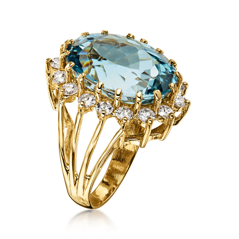 C. 1980 Vintage 19.00 Carat Sky Blue Topaz Ring with 1.50 ct. t.w. Diamonds in 14kt Yellow Gold. Size 7.75