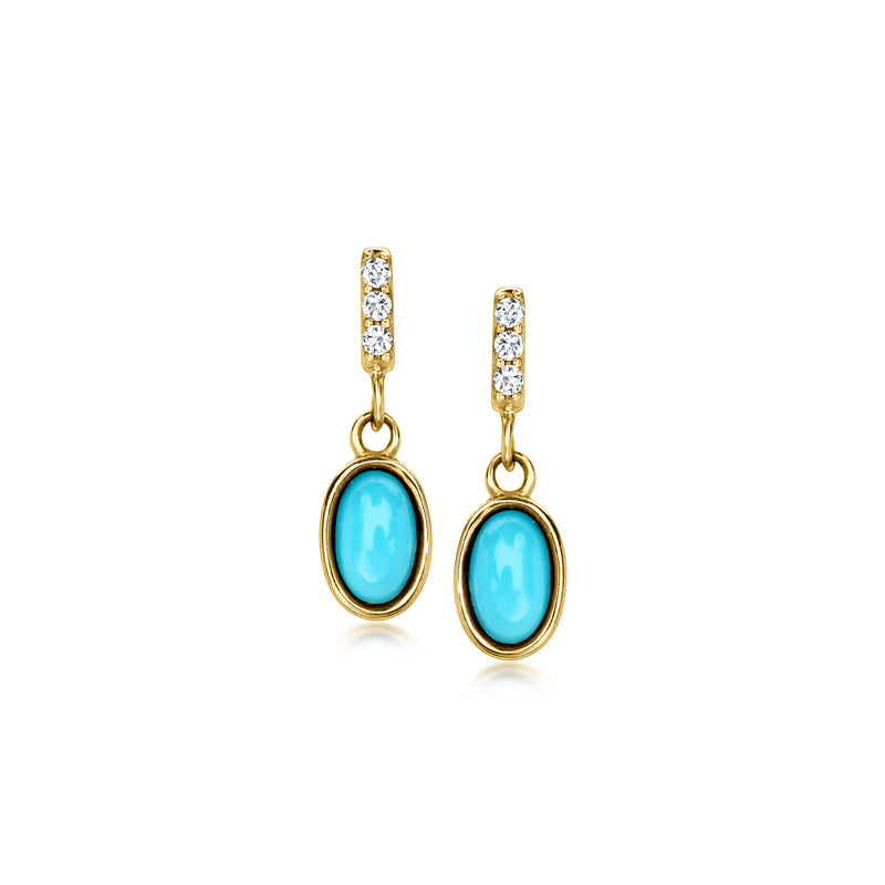 Turquoise oval drop earrings in 10kt yellow gold with diamond-studded top