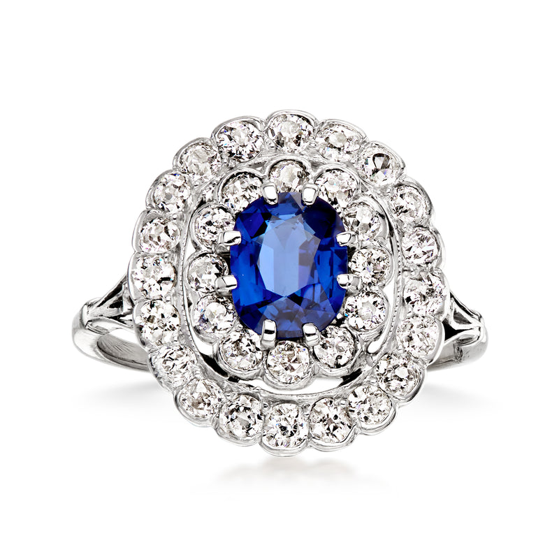 C. 1980 Vintage .90 Carat Sapphire Ring with 1.00 ct. t.w. Diamonds in Platinum. Size 6