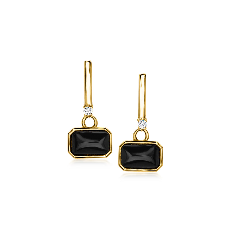 10kt yellow gold drop earrings with black octagon stones and small diamond accents