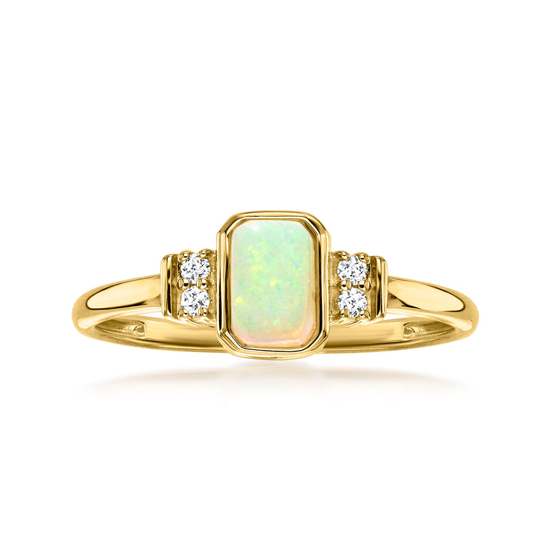 10kt yellow gold ring with opal-like square center and side diamond accents