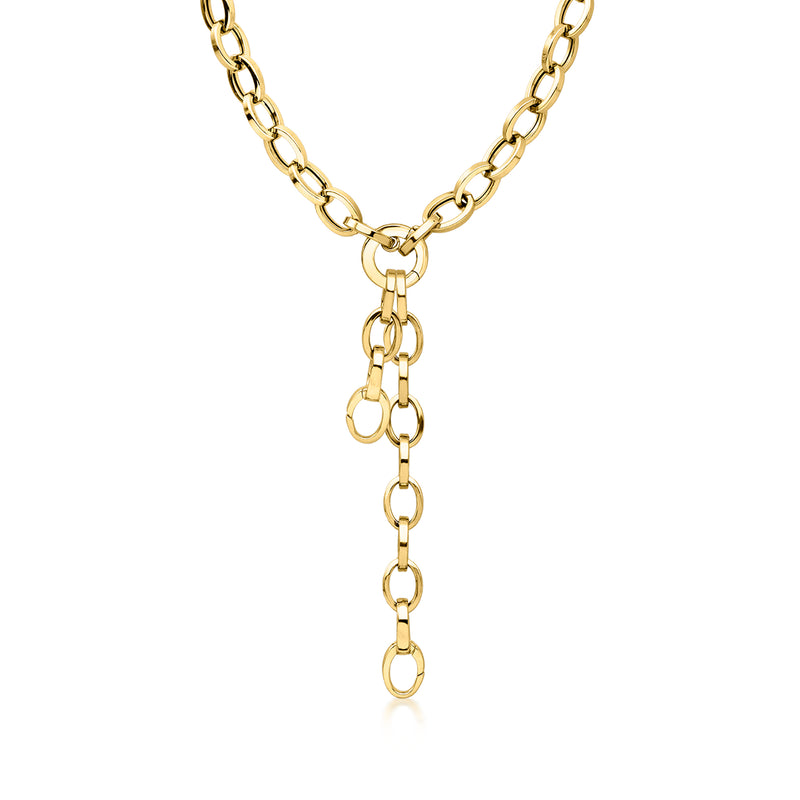 18kt yellow gold Y-necklace with oval chain and two dangling removable drops