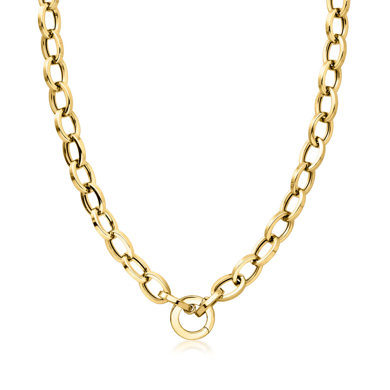 18kt yellow gold Y-necklace chain with oval links and round center clasp ring
