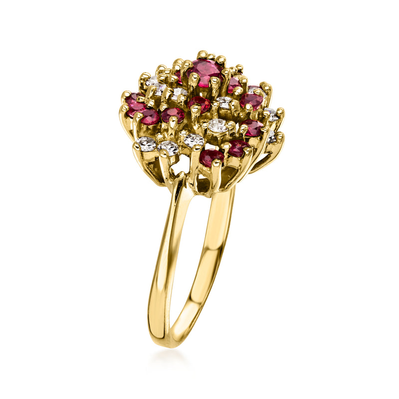 C. 1980 Vintage .90 ct. t.w. Ruby and .45 ct. t.w. Diamond Cluster Ring in 14kt Yellow Gold. Size 8