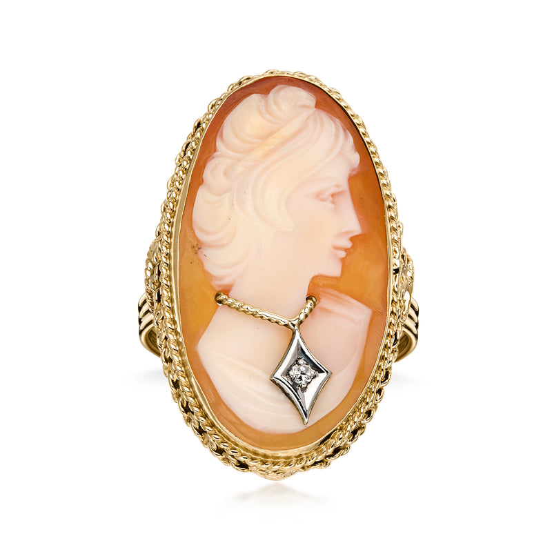 C. 1960 Vintage Orange Shell Cameo Ring with Single Diamond in 14kt Yellow Gold. Size 7
