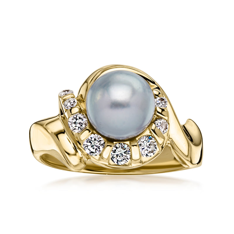 C. 1990 Vintage 8mm Gray Cultured Pearl Ring with .40 ct. t.w. Diamonds in 14kt Yellow Gold. Size 7