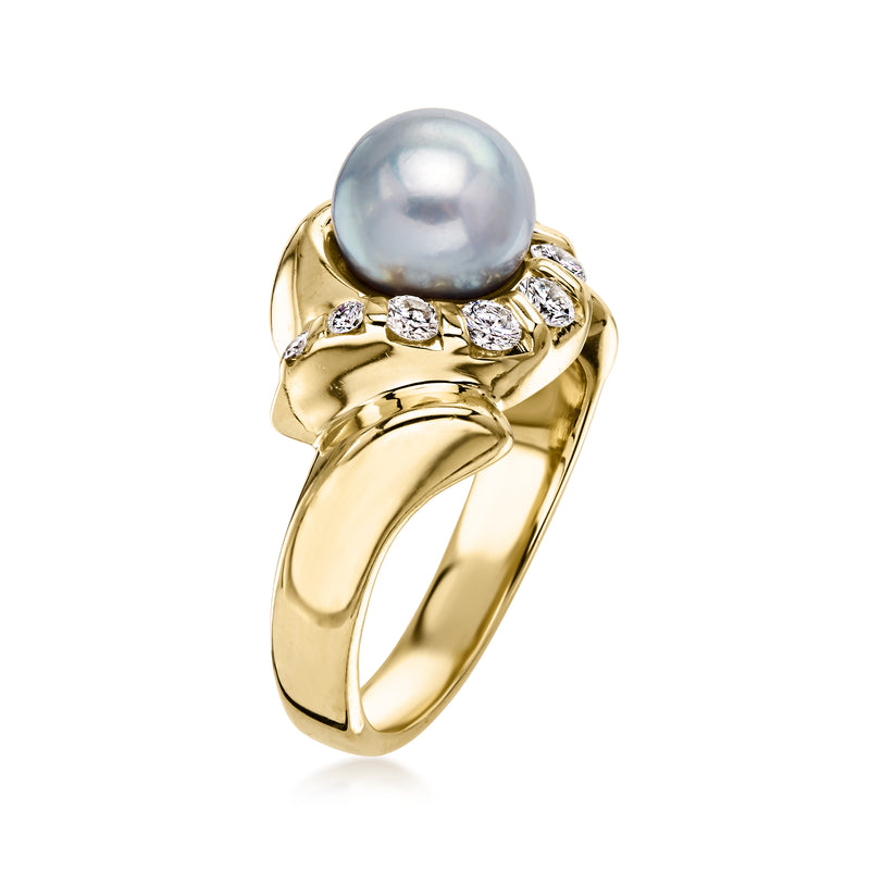 C. 1990 Vintage 8mm Gray Cultured Pearl Ring with .40 ct. t.w. Diamonds in 14kt Yellow Gold. Size 7