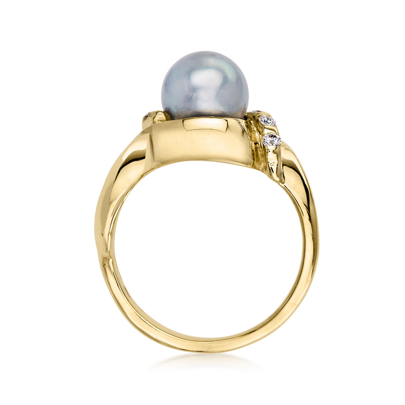 C. 1990 Vintage 8mm Gray Cultured Pearl Ring with .40 ct. t.w. Diamonds in 14kt Yellow Gold. Size 7