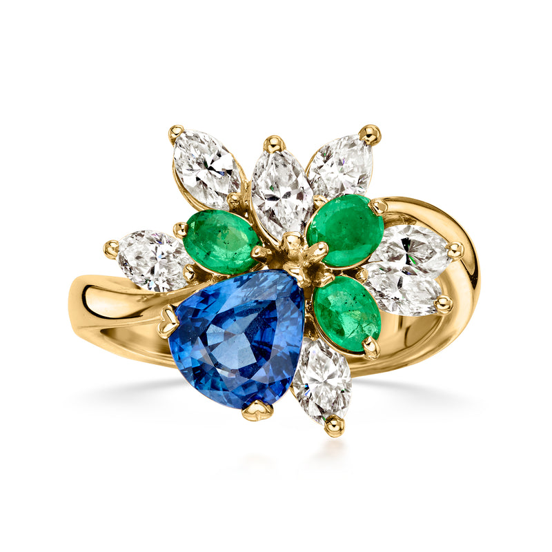 C. 1990 Vintage 1.85 Carat Sapphire Ring with 1.40 ct. t.w. Diamonds and .45 ct. t.w. Emeralds in 18kt Yellow Gold. Size 7.25