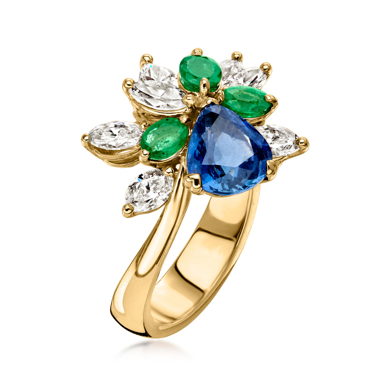 C. 1990 Vintage 1.85 Carat Sapphire Ring with 1.40 ct. t.w. Diamonds and .45 ct. t.w. Emeralds in 18kt Yellow Gold. Size 7.25