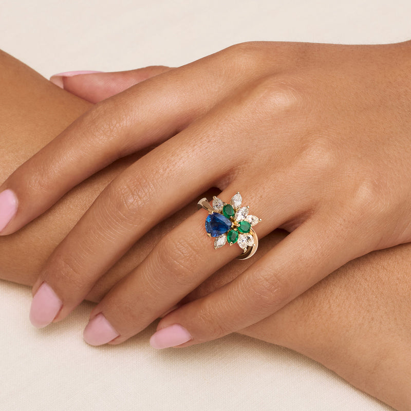 C. 1990 Vintage 1.85 Carat Sapphire Ring with 1.40 ct. t.w. Diamonds and .45 ct. t.w. Emeralds in 18kt Yellow Gold. Size 7.25