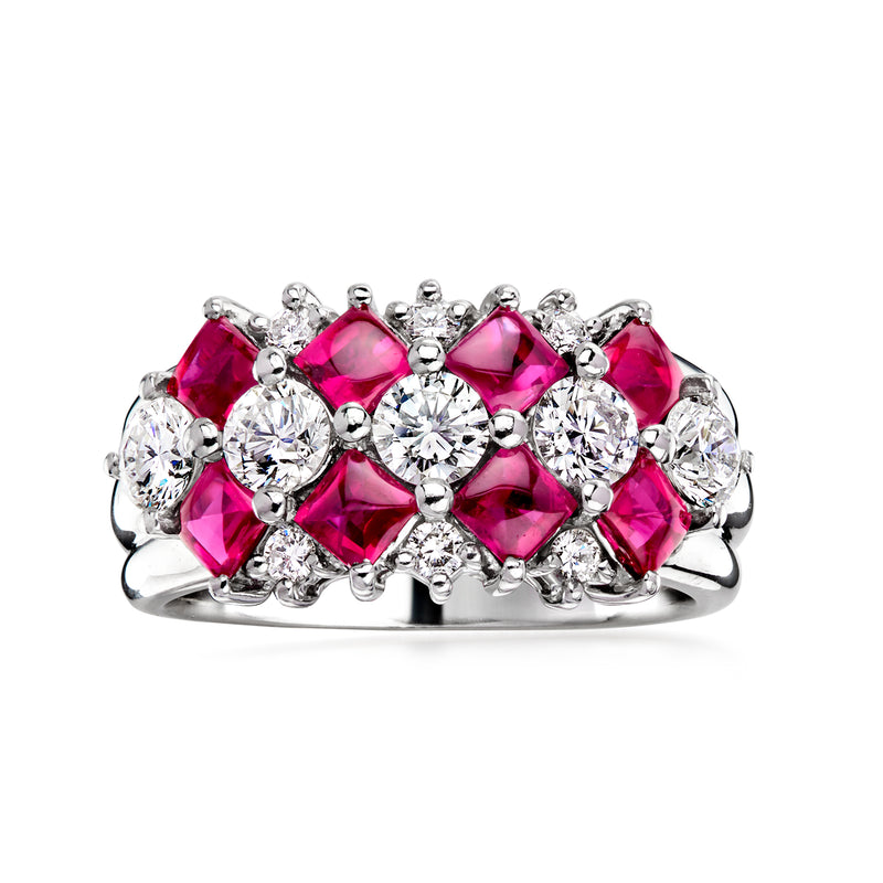 C. 2000 Vintage 1.79 ct. t.w. Ruby and 1.05 ct. t.w. Diamond Multi-Row Ring in Platinum. Size 6