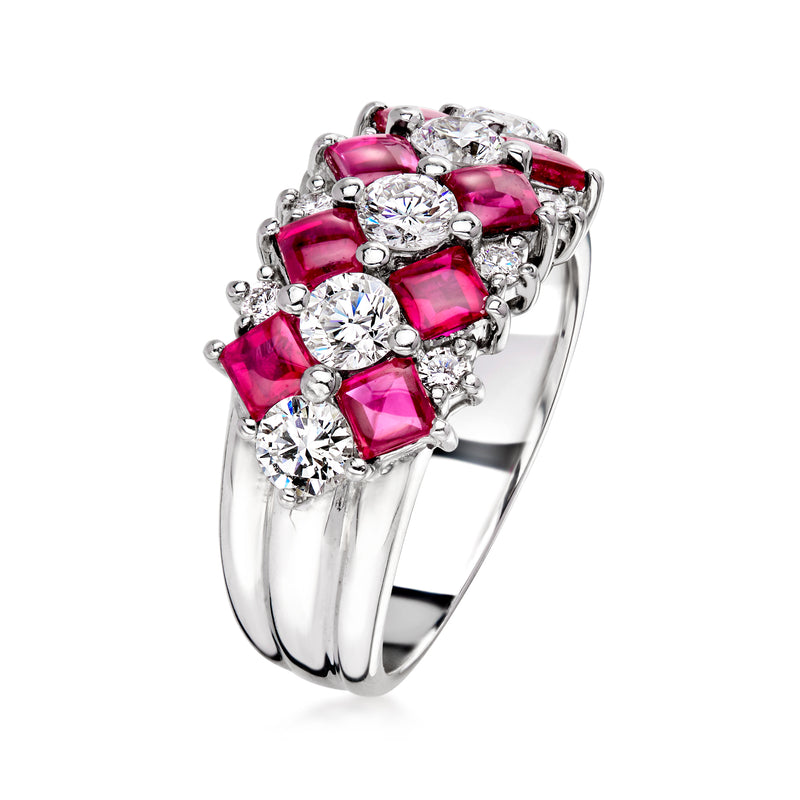 C. 2000 Vintage 1.79 ct. t.w. Ruby and 1.05 ct. t.w. Diamond Multi-Row Ring in Platinum. Size 6