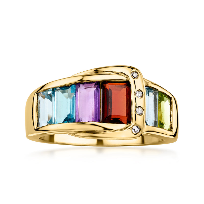 C. 1990 Vintage 1.85 ct. t.w. Multi-Gemstone Buckle Ring with Diamonds in 10kt Yellow Gold. Size 5