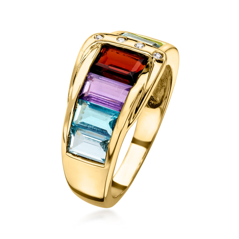 C. 1990 Vintage 1.85 ct. t.w. Multi-Gemstone Buckle Ring with Diamonds in 10kt Yellow Gold. Size 5