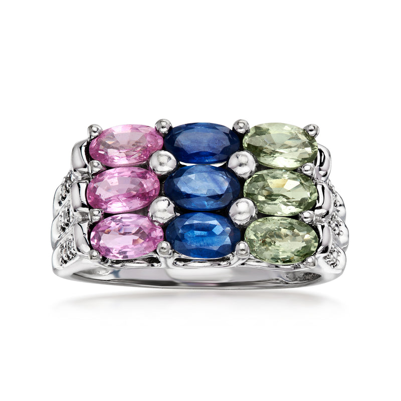 C. 1990 Vintage 2.60 ct. t.w. Multicolored Sapphire Ring with .10 ct. t.w. Diamonds in 14kt White Gold. Size 6