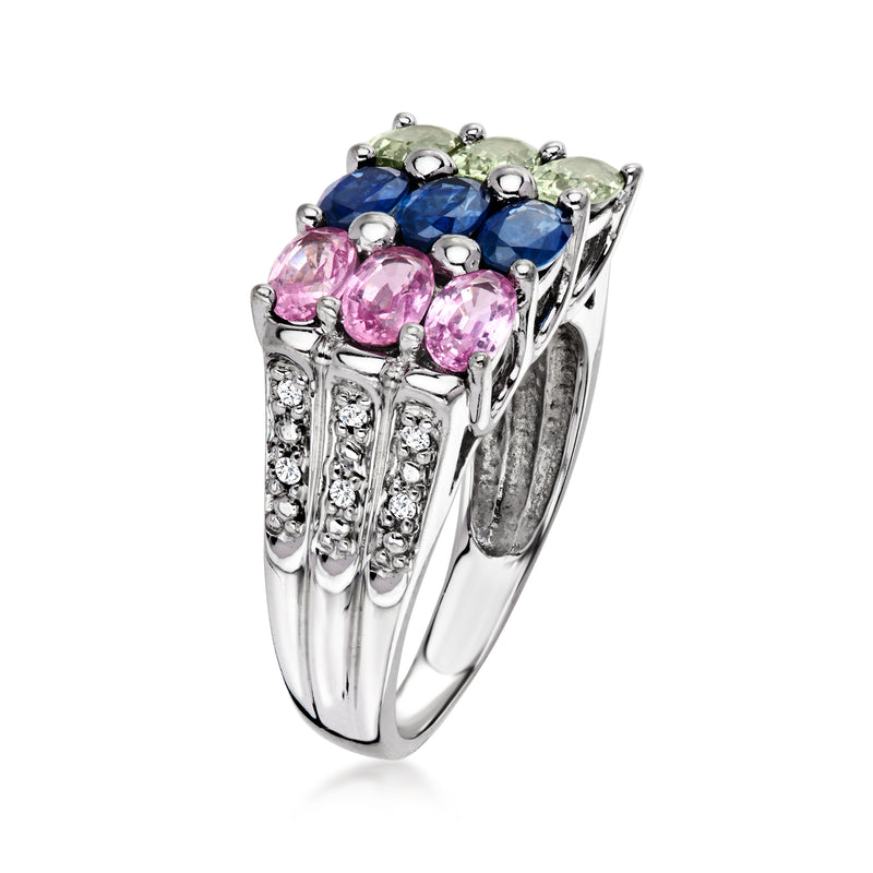 C. 1990 Vintage 2.60 ct. t.w. Multicolored Sapphire Ring with .10 ct. t.w. Diamonds in 14kt White Gold. Size 6